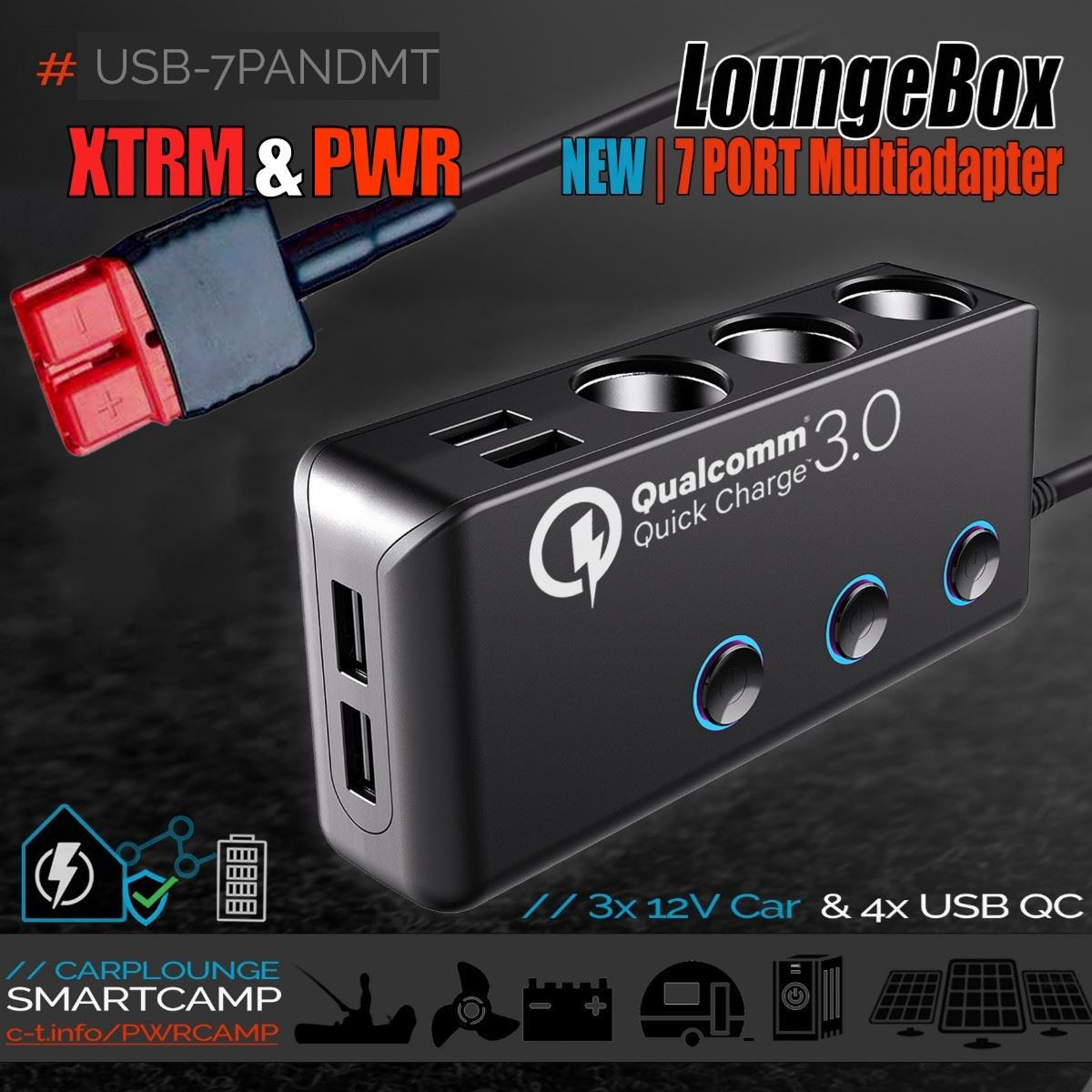 LoungeBox 7-Port Multi Charge Adapter 12V USB QC - 50A Anderson Con.